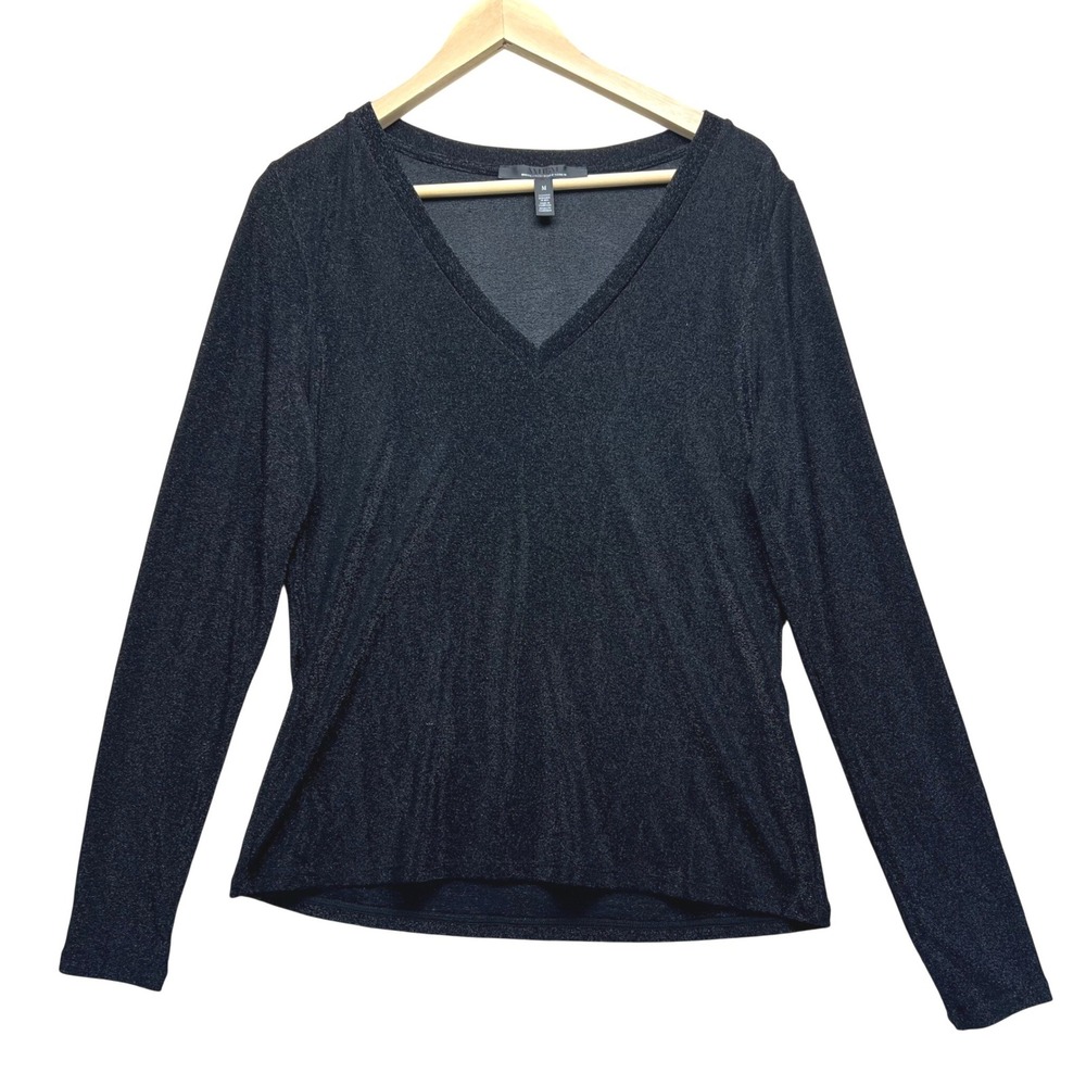 White House Black Market WHBM Long Sleeve Stretch Sparkle Knit‎ Top V Neck M